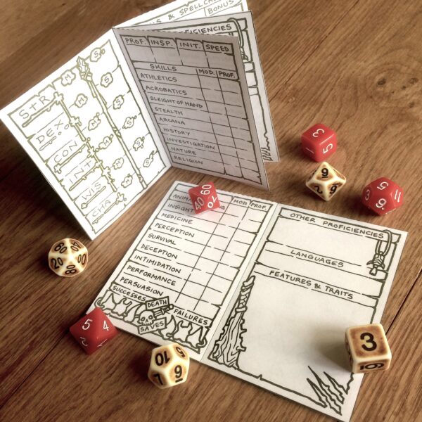 5E Barbarian Character Booklet surrounded by dice