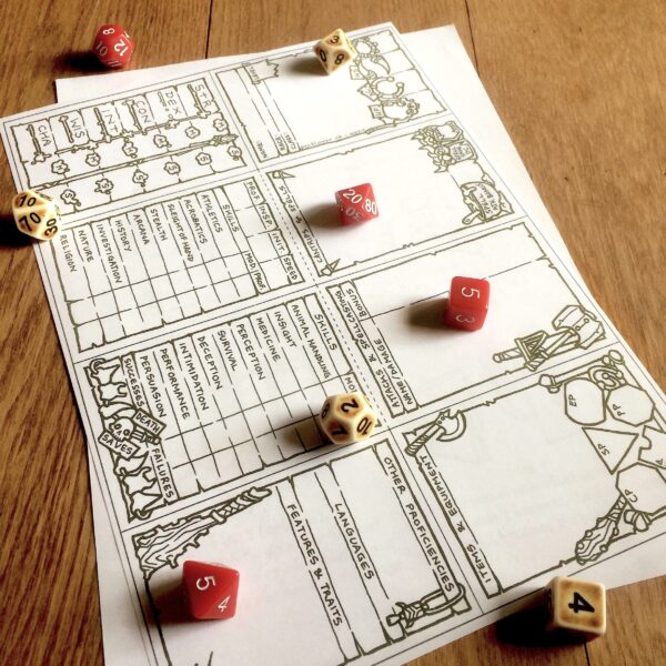 not yet assembled 5E Barbarian Character Booklet surrounded by dice
