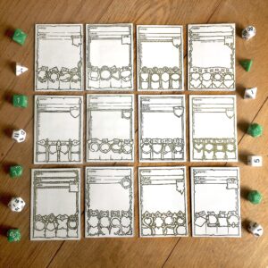 all the 5E Class Character Sheet Booklets in a 4x3 layout surrounded by dice.