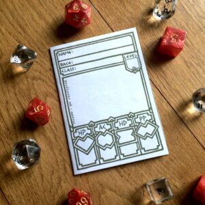 5e dwarf character sheet booklet surrounded by dice