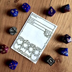 5E Tiefling Character Sheet Booklet surrounded by pretty purple dice