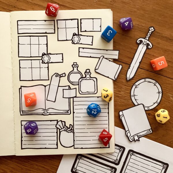 modular character sheet fantasy expansion assets, printed and arranged on a blank notebook.