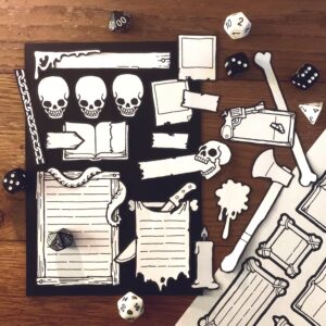 example layout using Modular Character Sheet Horror printed out and surrounded by dice