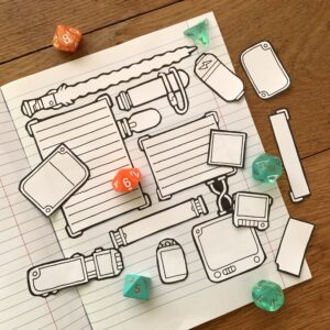 modular character sheet sci-fi expansion assets, printed out and arranged on a blank notebook
