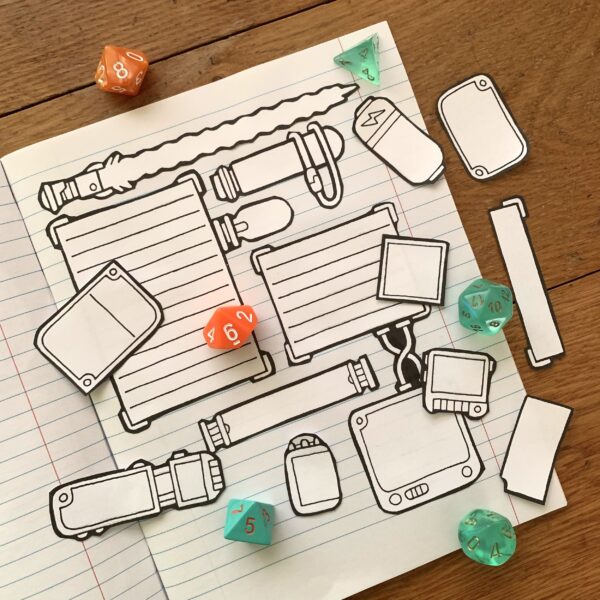 modular character sheet sci-fi expansion assets, printed out and arranged on a blank notebook