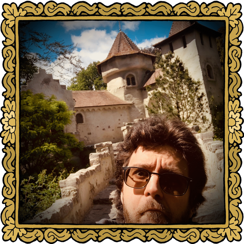 photo of penflower looking confused while standing in front of a fairy tale style castle.