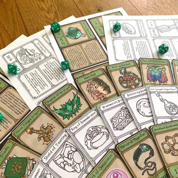 5E Magic Item Cards nicely fanned out, front and back showing