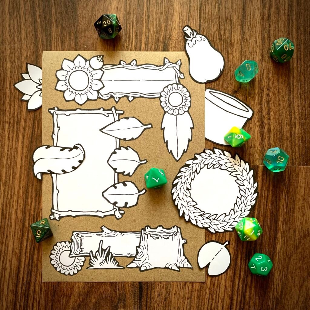 Photo of a character sheet made using the printable nature themed assets.