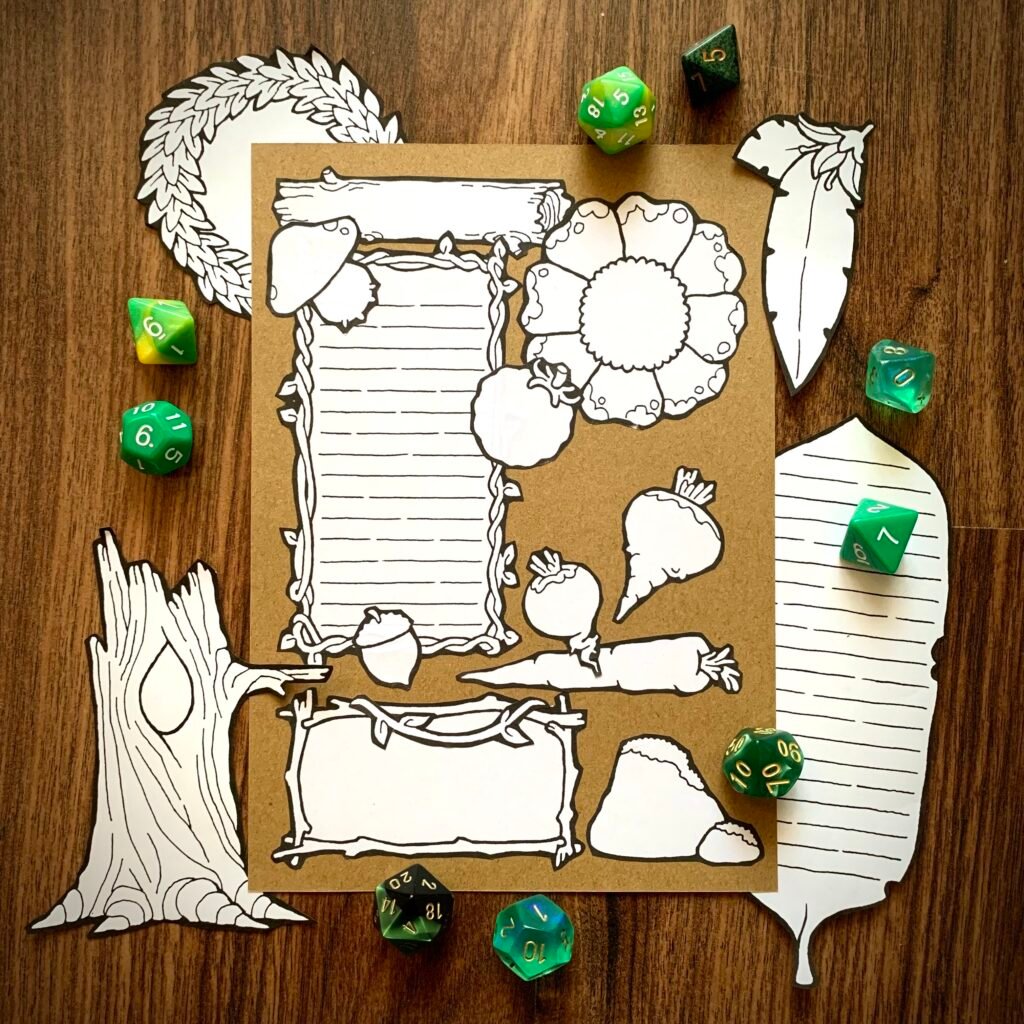 Photo of another character sheet made using the printable nature themed assets.