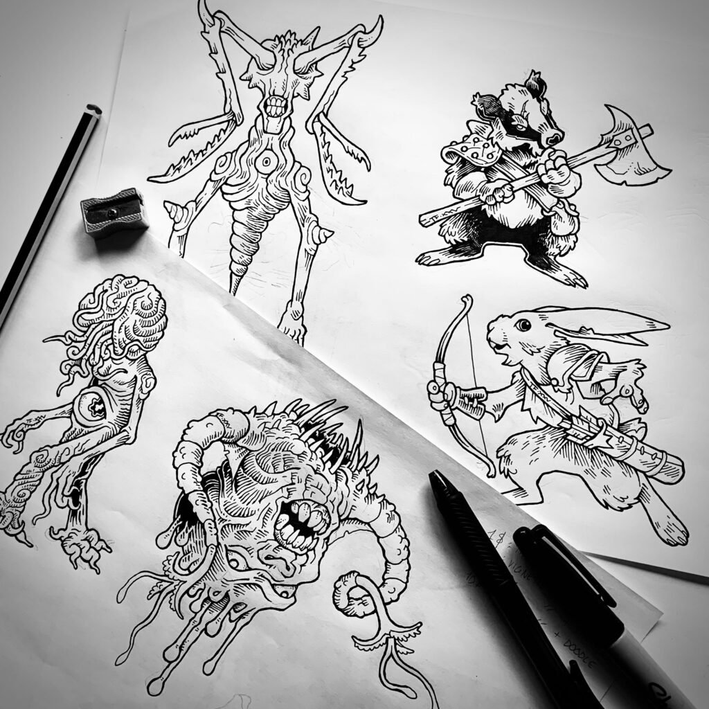 Black & white photo of five traditionally hand-drawn character illustrations. These include three eldritch abominations, an armoured badger with an axe, and a hare holding a bow and quiver.