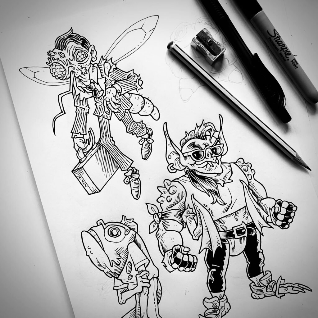 Black & white photo of three traditionally hand-drawn character illustrations. A half-man half-mosquito mutated businessman, a muscular human mutate with bat-like features, and a nerdy-looking fish-headed mutate.