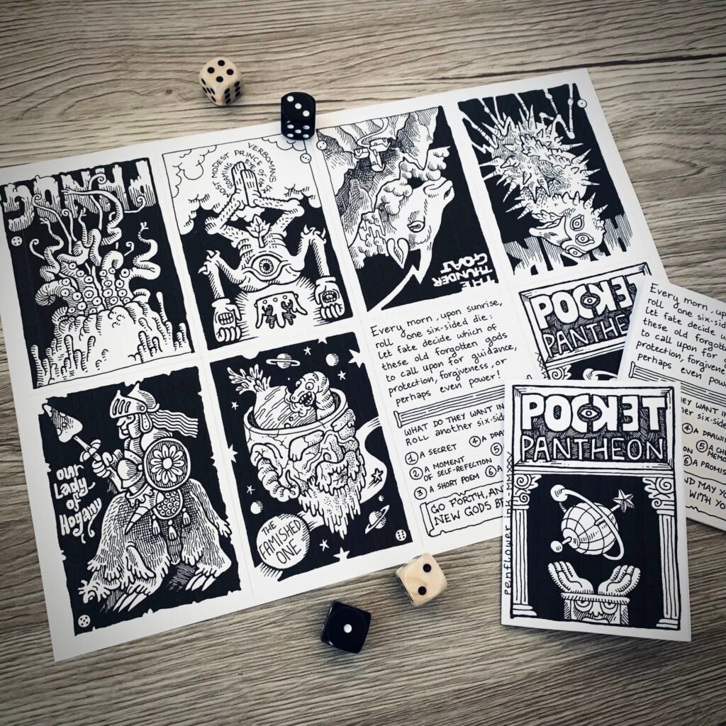 Photo of the pocket pantheon: a traditionally hand-illustrated black and white printable booklet. It contains six illustrations of weird old gods. The photo shows the booklet in both its unassembled and assembled state.
