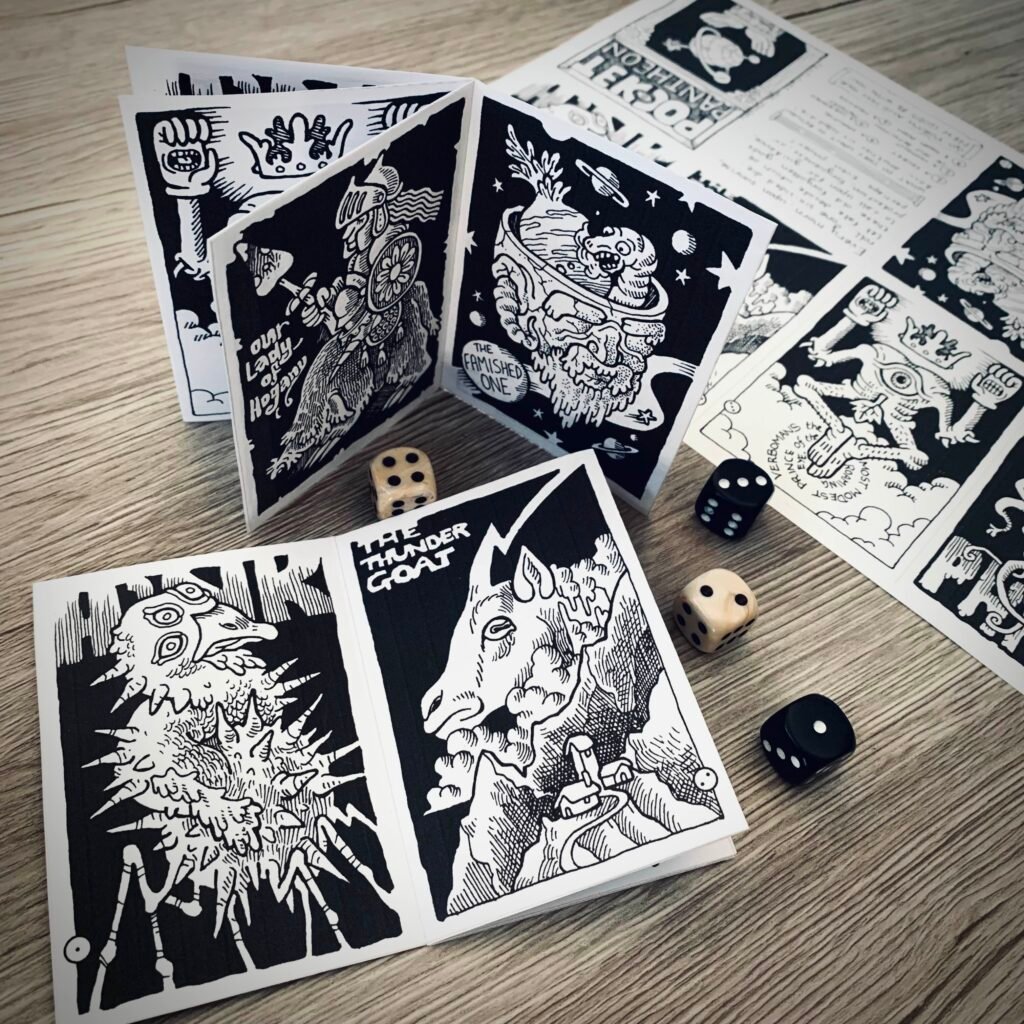 Photo of the pocket pantheon: a traditionally hand-illustrated black and white printable booklet. It contains six illustrations of weird old gods. The photo shows the booklet in both its unassembled and assembled state.