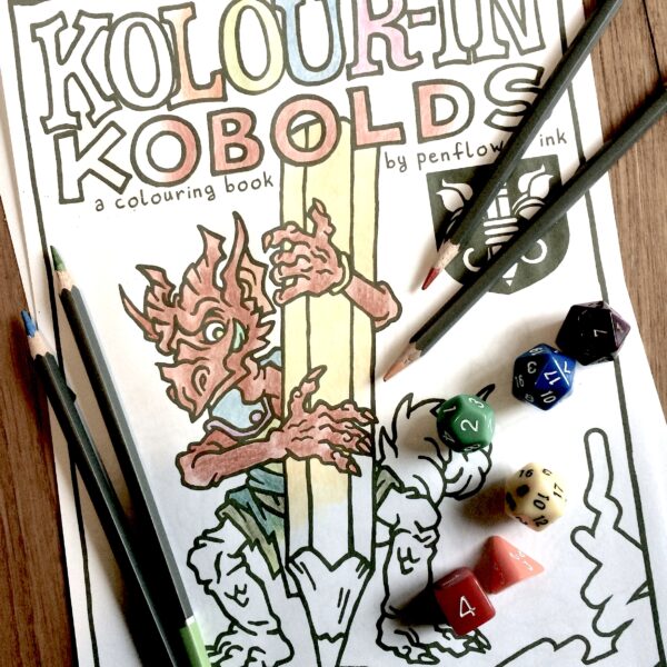 Kolour-in Kobolds Colouring Book cover half colored in