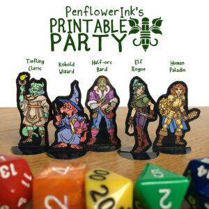 A free-to-download Printable Party hero miniatures! This set features five mighty adventurers to use as either playable character pieces or NPCs!
