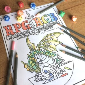 cover of the rpg colouring book half coloured in with some pencils and bright dice
