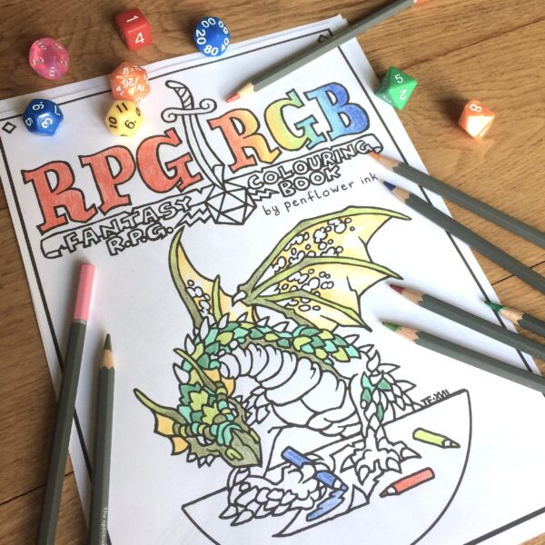cover of the rpg colouring book half coloured in with some pencils and bright dice