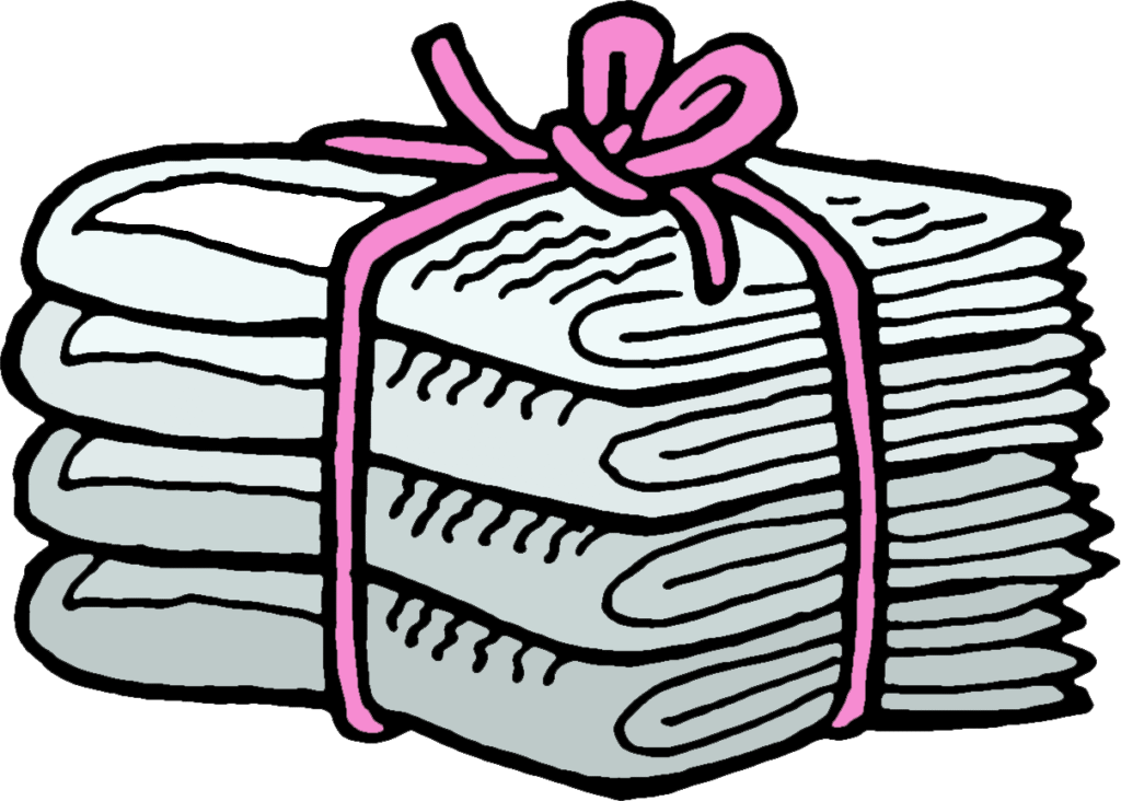 Illustration of a bundle of newspapers, tied with pink string