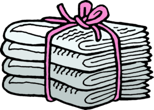 Illustration of a bundle of newspapers, tied with pink string