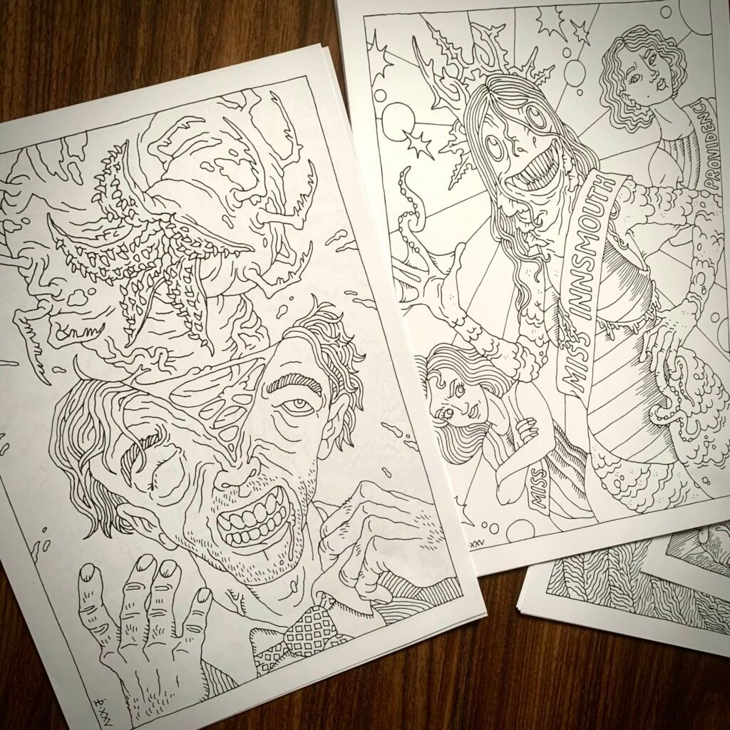 A selection of printed pages from the Nechromaticon colouring book.