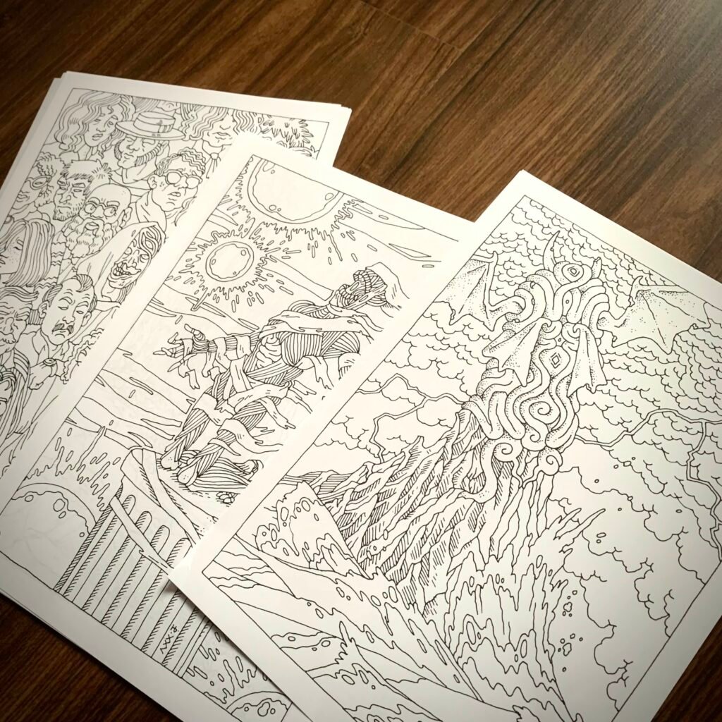 A selection of printed pages from the Nechromaticon colouring book.