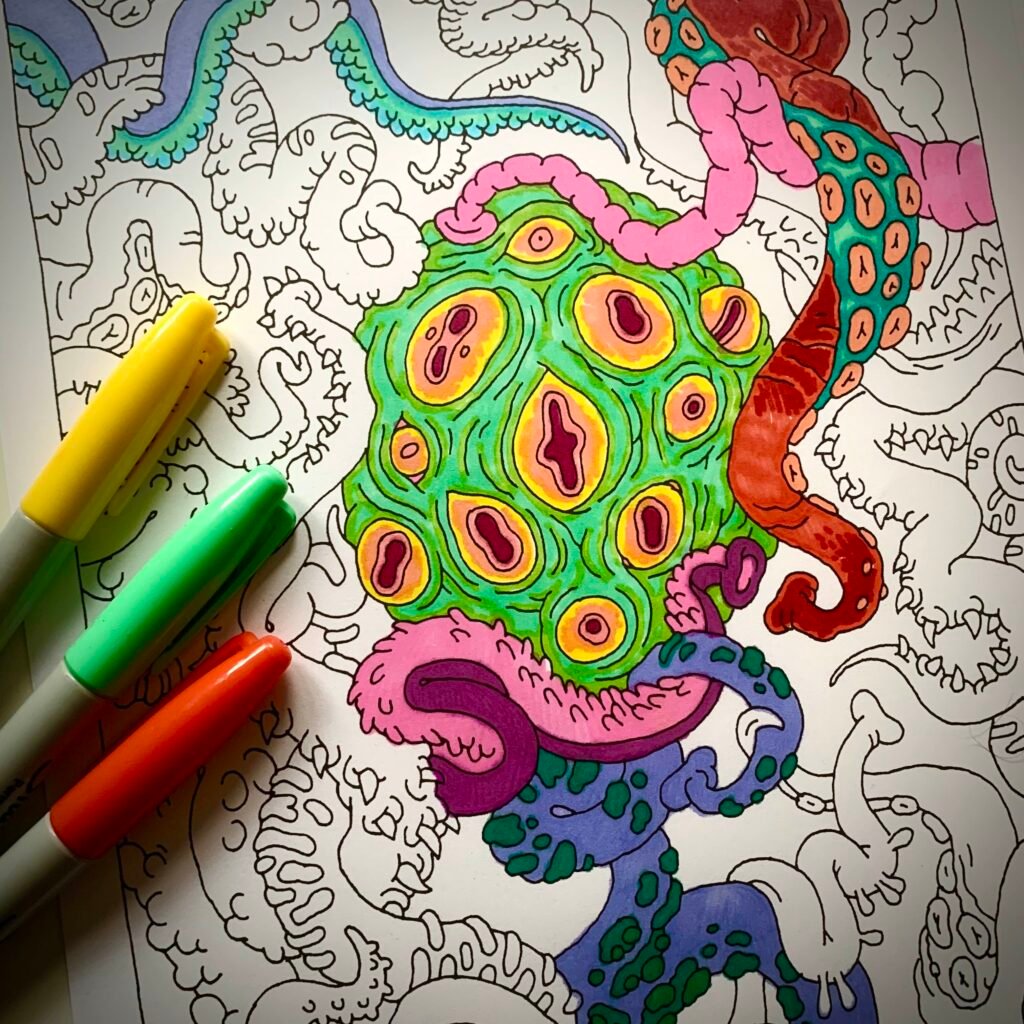 Partially coloured in page from the Nechromaticon colouring book. A tentacled abomination.