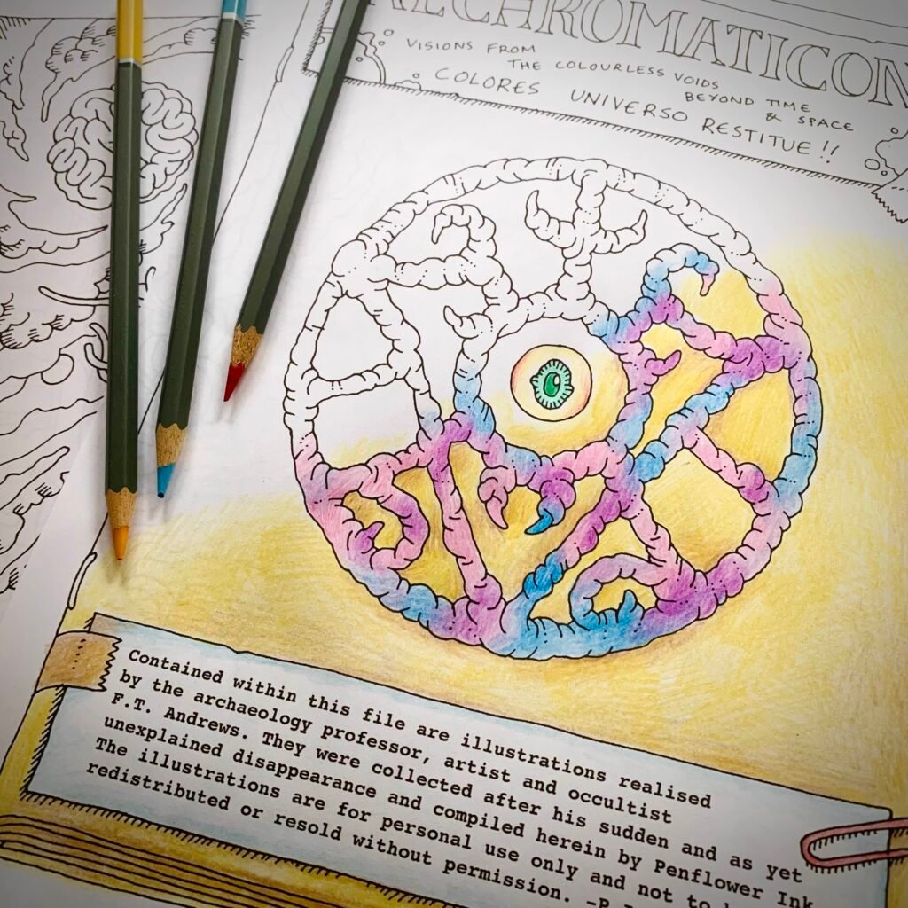 Partially coloured in cover page from the Nechromaticon cosmic horror themed colouring book.