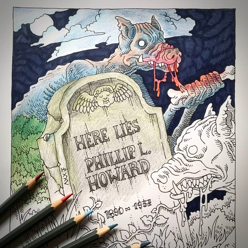 Partially coloured in page from the Nechromaticon colouring book. Two ghouls feasting at a graveyard.