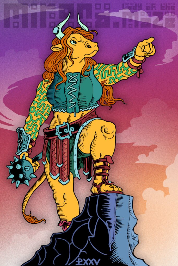 Traditionally hand-drawn and digitally coloured illustration of Mirona the minotaur. She is wearing scraps of armour and standing triumphantly on a rocky outcrop, against a sunrise.