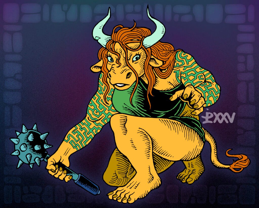 Traditionally hand drawn and digitally coloured illustration of a female minotaur. She is muscular, and has golden yellow fur, blue horns and messy red hair. She is wearing a tattered green vest and wielding a spiked iron mace. Her arms are covered in a maze pattern tattoo in dark teal. She is crouching as if ready to pounce.