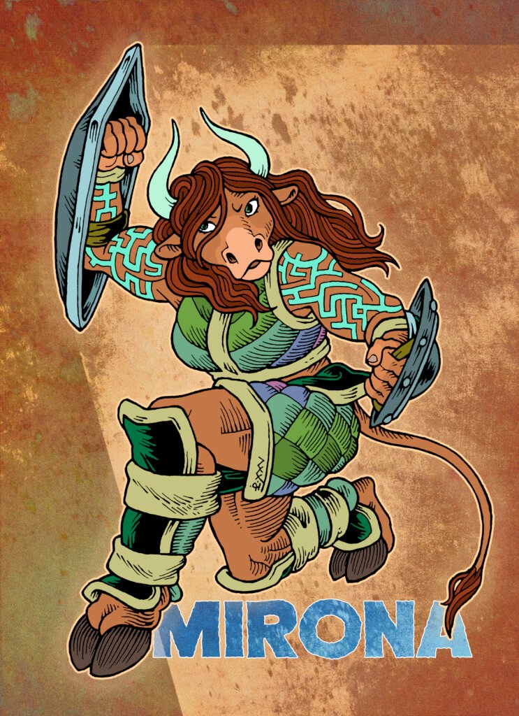Traditionally hand drawn and digitally coloured illustration of Mirona the minotaur. She is in a dynamic half-crouching pose, wielding two shields: one hungarian kite shield and one buckler.