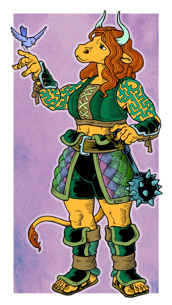 Traditionally hand drawn and digitally coloured illustration of Mirona the minotaur. She is wearing thick padded fabric armour in shades of green, lavender and blue. A spiked mace is hanging from her belt and she is reaching up to greet a bluebird.
