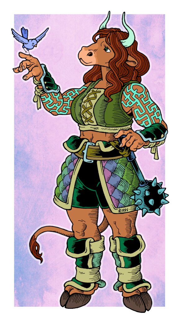 Traditionally hand drawn and digitally coloured illustration of Mirona the minotaur. She now has orange-brown skin, with dark auburn hair. She is still wearing her green and lavender quilted fabric armour, but now has bovine hooves.