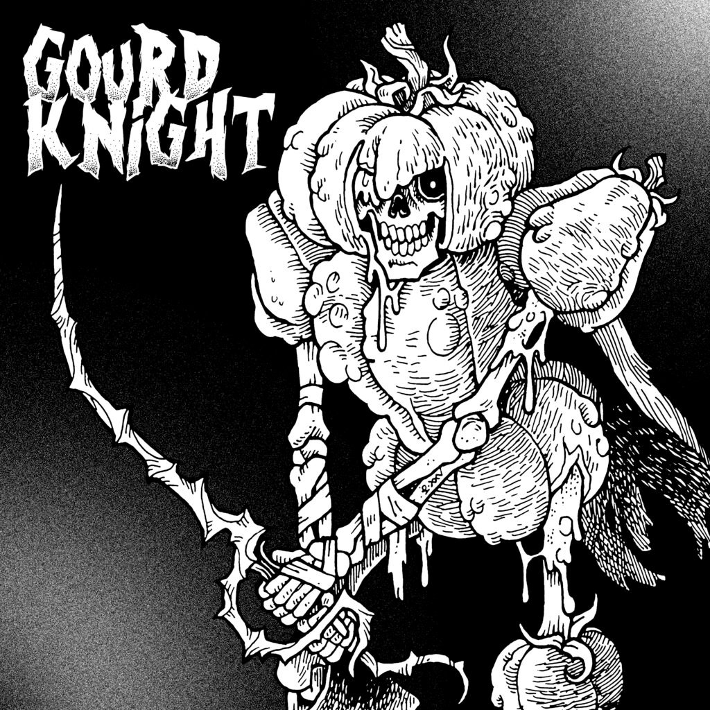 Traditionally hand drawn black and white illustration of a skeletal knight, clad in pumpkin armour. Text reads: "Gourd Knight".