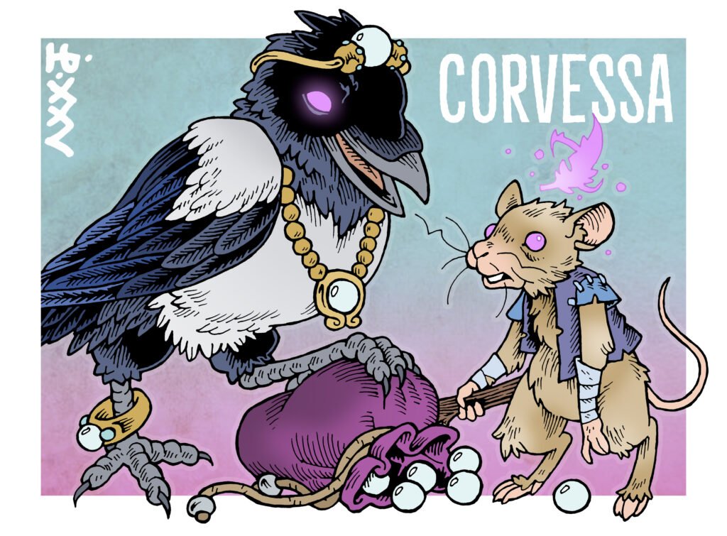 Illustration of Corvessa, the jewel-clad magpie sorceress and her mind-controlled mouse thrall.