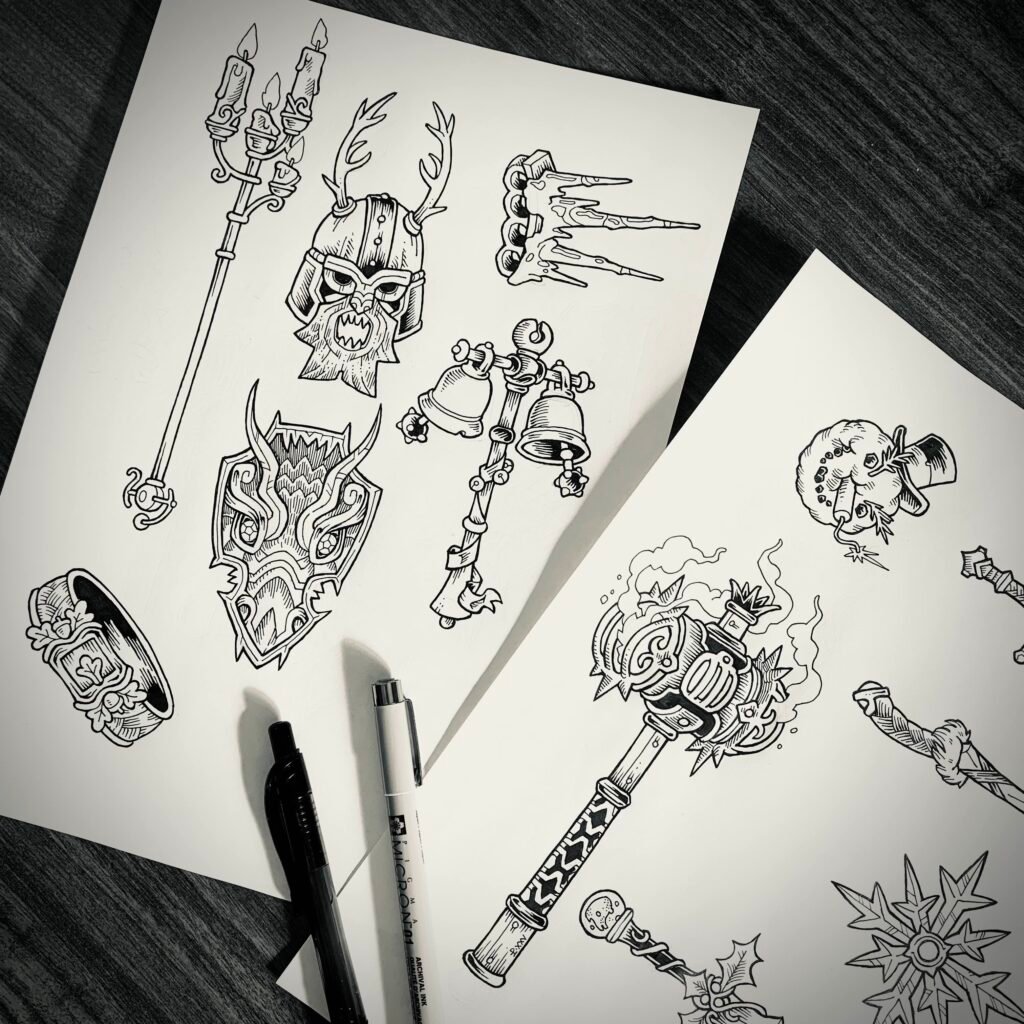 Black and white photo of some traditionally hand-drawn weapon illustrations, all of which are winter or yuletide themed.