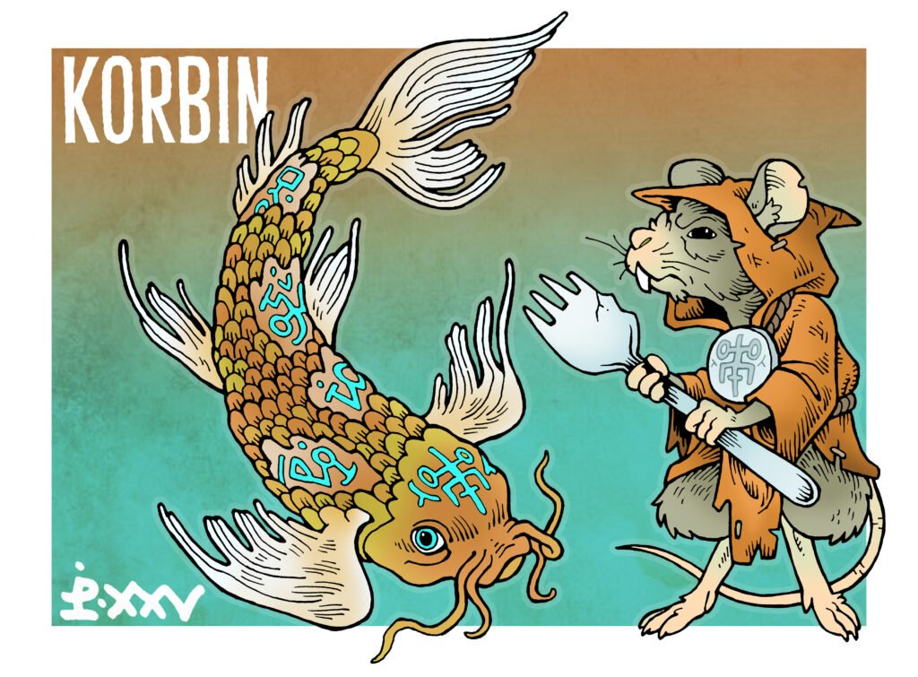 Illustration of Korbin the magical koi fish and his robed mouse acolyte.