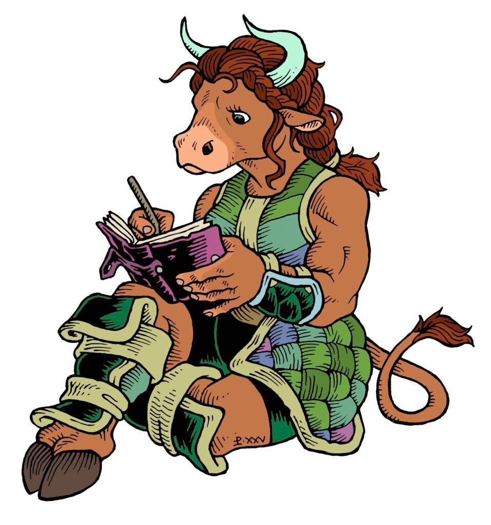 Traditionally hand-drawn and digitally coloured illustration of Mirona the minotaur. She has orange-brown fur, dark red hair and light blue horns. She is wearing padded and quilted fabric armour in shades of green and purple. is sitting down and writing in her journal.