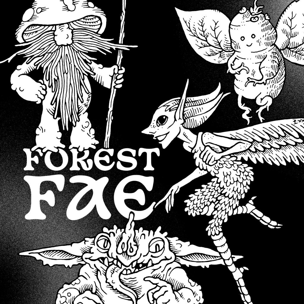 Composite image showing four traditionally hand drawn black and white forest fae creatures: a mushroom gnome, a potato-shaped pixie, a flower-headed fairy and a goblin.
