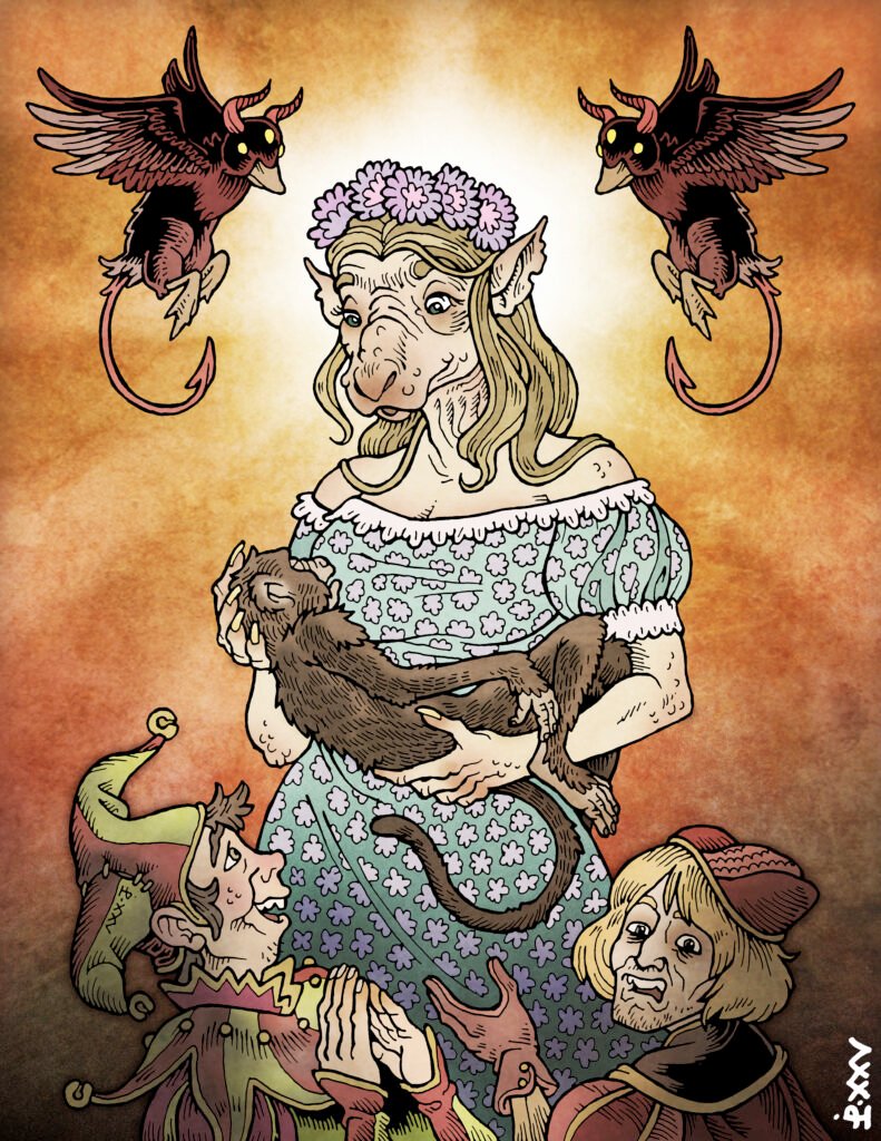 Traditionally hand-drawn and digitally coloured fan-art for Mystery Quest's Goblin Grinder. A saint-like rat-faced woman in a floral dress, watched over by two demonic ducks, cradles a wounded monkey in her arms. Below her a jester and a noble look in adoration and disgust, respectively.