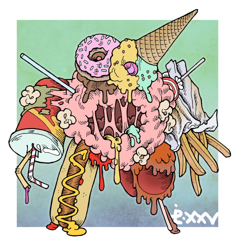 Illustration of a snack golem, made up of various discarded foodstuff found in an amusement park.