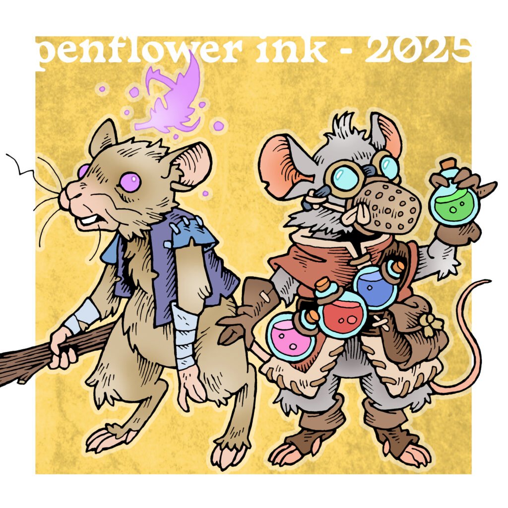 Composite image of two traditionally illustrated and digitally coloured mouse characters. On the left a magically-enthralled brown mouse wielding a big stick. On the right, an alchemist mouse wearing a thimble gas mask and a bandolier of potions.