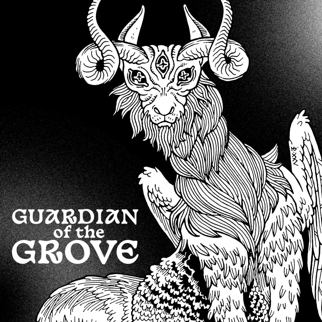 Traditionally hand drawn black and white illustration of a large chimera creature, with curling horns, three goat eyes, a feline face, a long shaggy-haired neck and wings. Text reads: Guardian of the Grove.