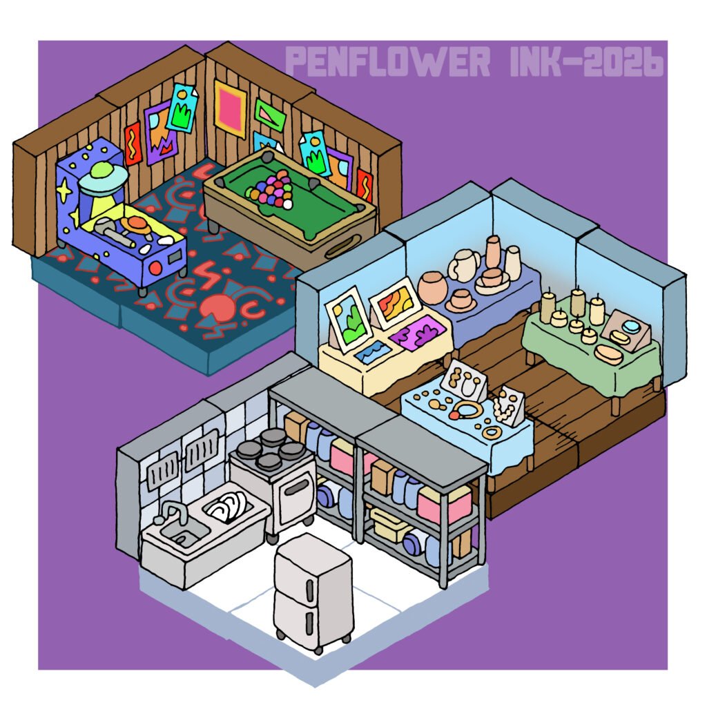 Modular map assets: Game Room, Flea Market, Kitchen.