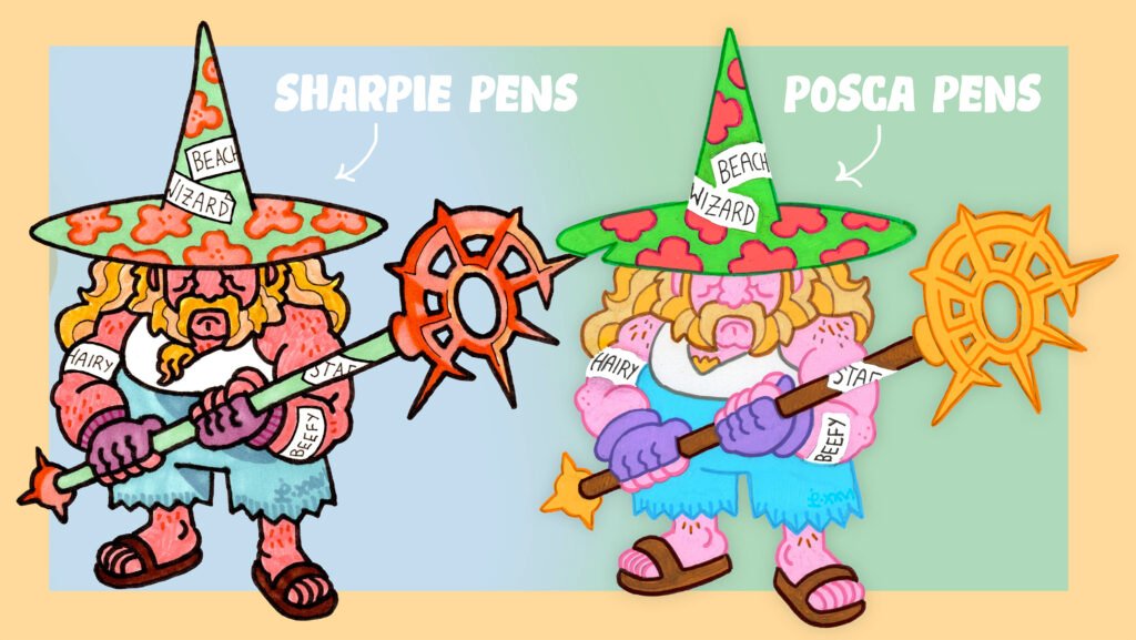 Composite image showing the design of the beach wizard character drawn first using sharpie pens, then using posca pens.