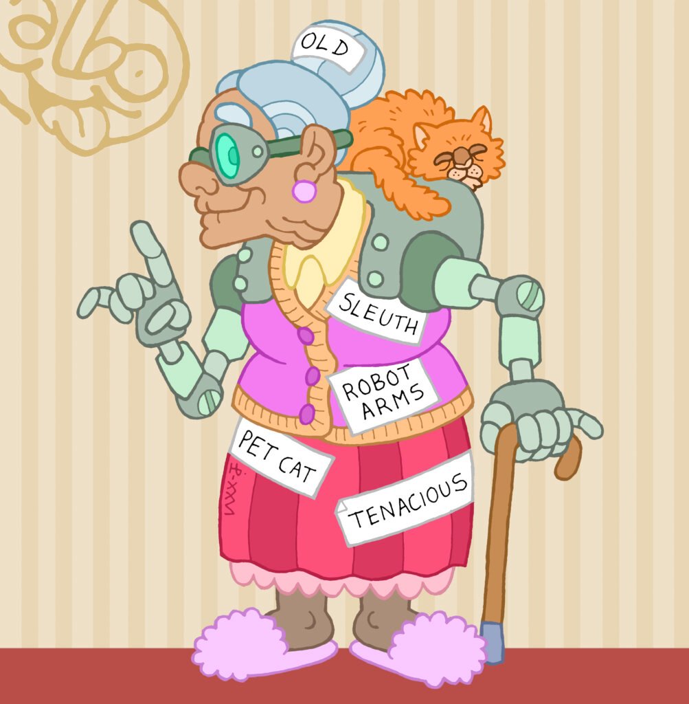 digitally coloured illustration of a tenacious granny with robotic arms and a pet ginger cat sleeping on her shoulder.