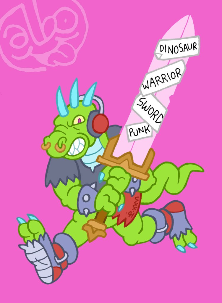 digitally coloured illustration of a humanoid dinosaur wearing punk attire and wielding a huge pink energy sword.
