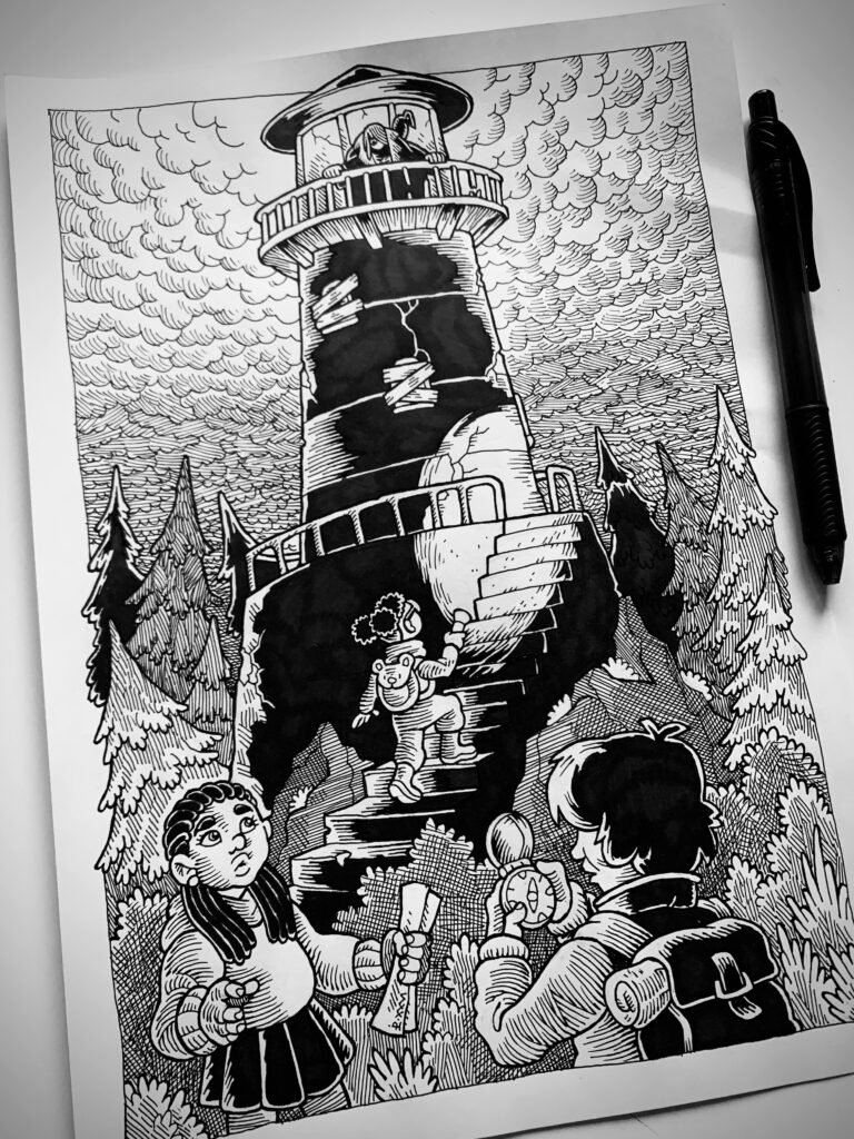 Photo of a black and white traditionally hand drawn full page illustration. A trio of kid approach a boarded up lighthouse surrounded by crooked pine trees and under a sky full of ominous churning clouds. A sinister figure watches them from the top of the lighthouse.