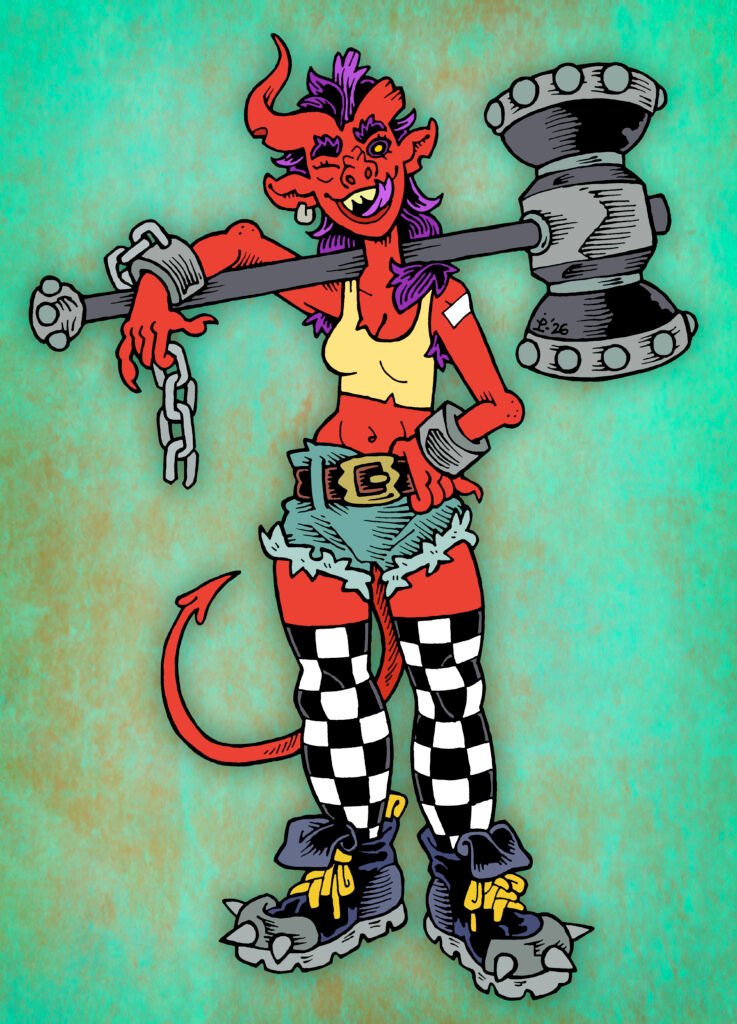 Traditionally hand-drawn, digitally coloured illustration of a ska-punk demon girl. She is red skinned, wearing torn jean shorts, a pale yellow vest, thigh-length checkerboard socks and spiked boots. She has broken chain manacles on both wrists and is wielding a huge metal mallet.