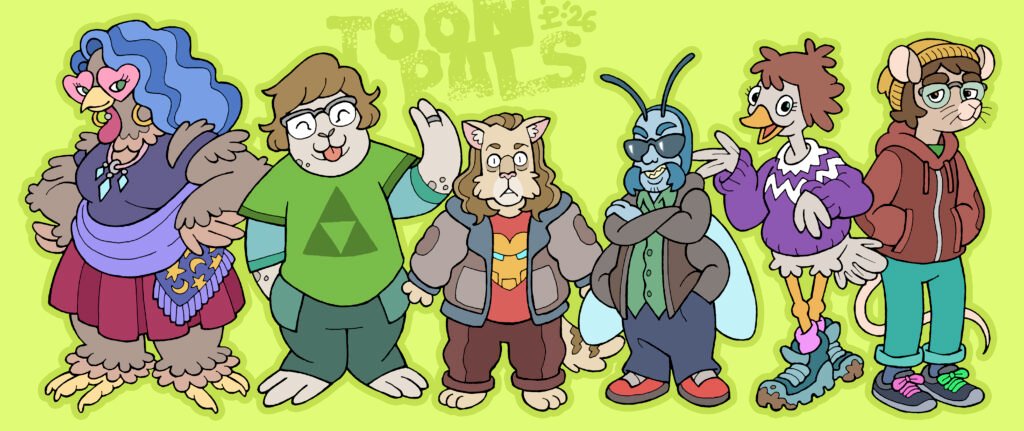Composite image of six cartoon animal character designs. From left to right: a fancy hen, a seal, a cat, a beetle, a sparrow and a mouse.